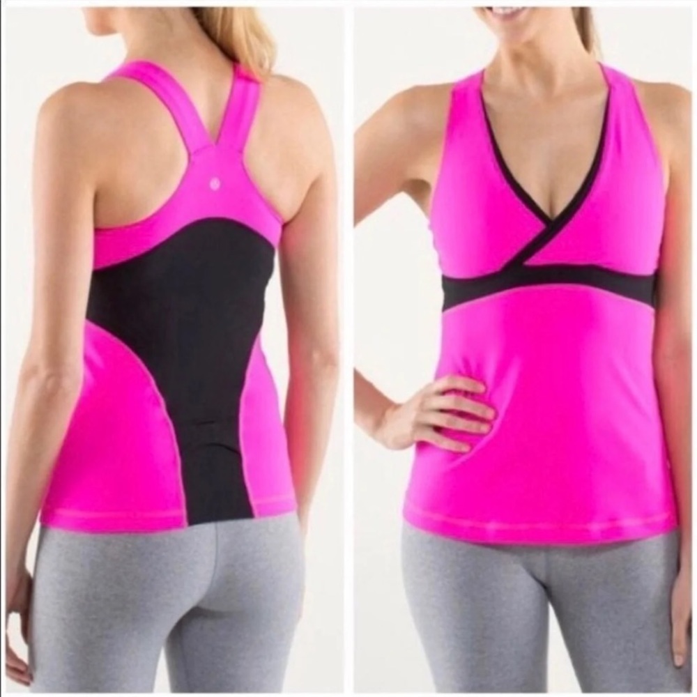 Lululemon bright pink & black deep v-neck athletic bra tank top